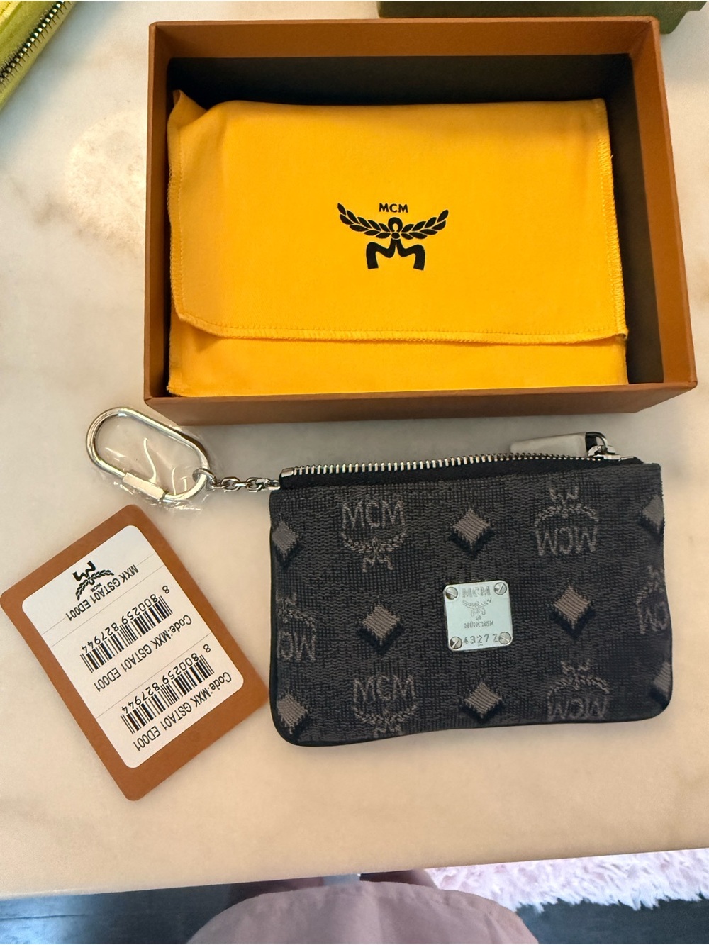 MCM Black Logo Monogram Key Pouch with Silver Hardware